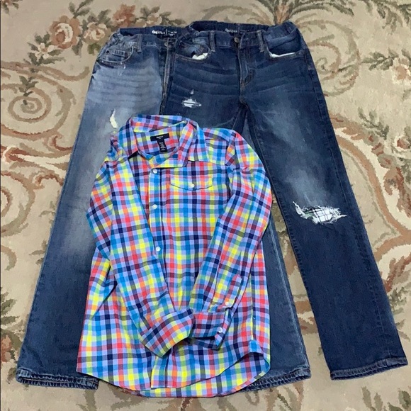 This is two pairs of jeans and a plaid shirt - Picture 1 of 8